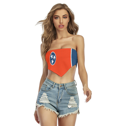 Woman wearing [Brand] top with Tennessee flag design.