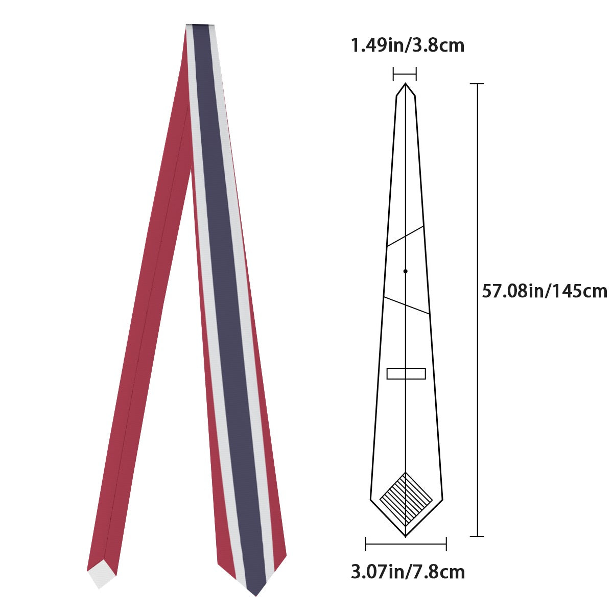 Red, blue, white striped tie with measurements. [Brand] accessory.
