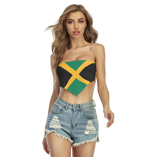 Model wearing [Brand] Jamaican flag tube top, denim shorts.