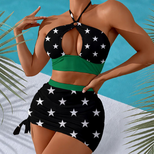 Woman modeling star-patterned bikini, green details, Luv My Flag.