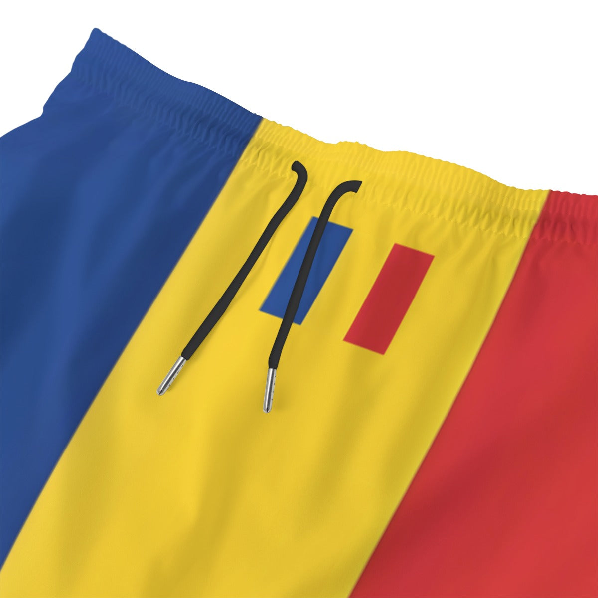 [Luv My Flag] shorts featuring Romanian flag design and drawstrings.
