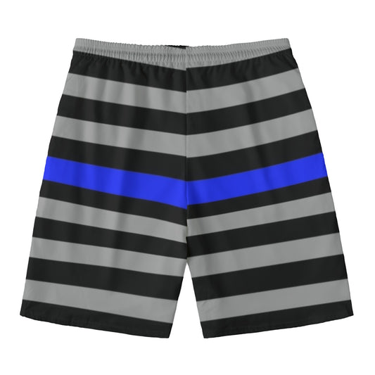 Luv My Flag shorts, gray stripes, bold blue accent.