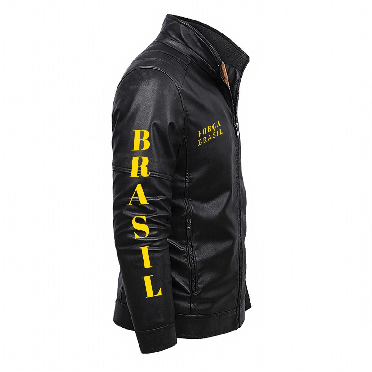 Brazil Flag Inspired Plush Fleece Decorative Zipper Faux Leather Jacket