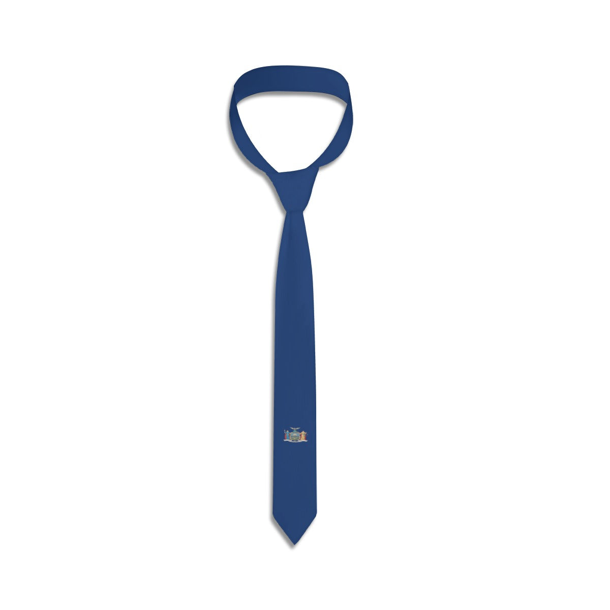 Blue tie with [Brand] logo featuring emblematic design elements.