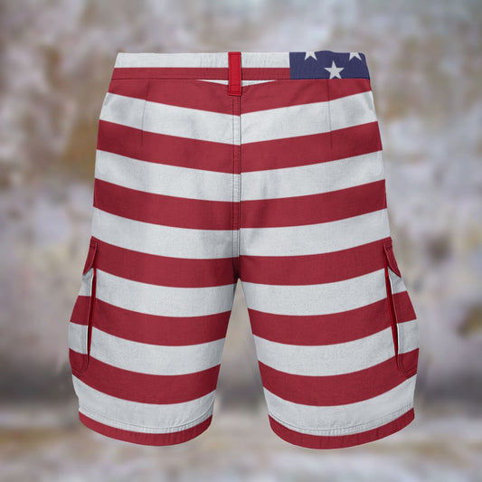 Red, white striped shorts with stars and cargo pockets. [Brand]