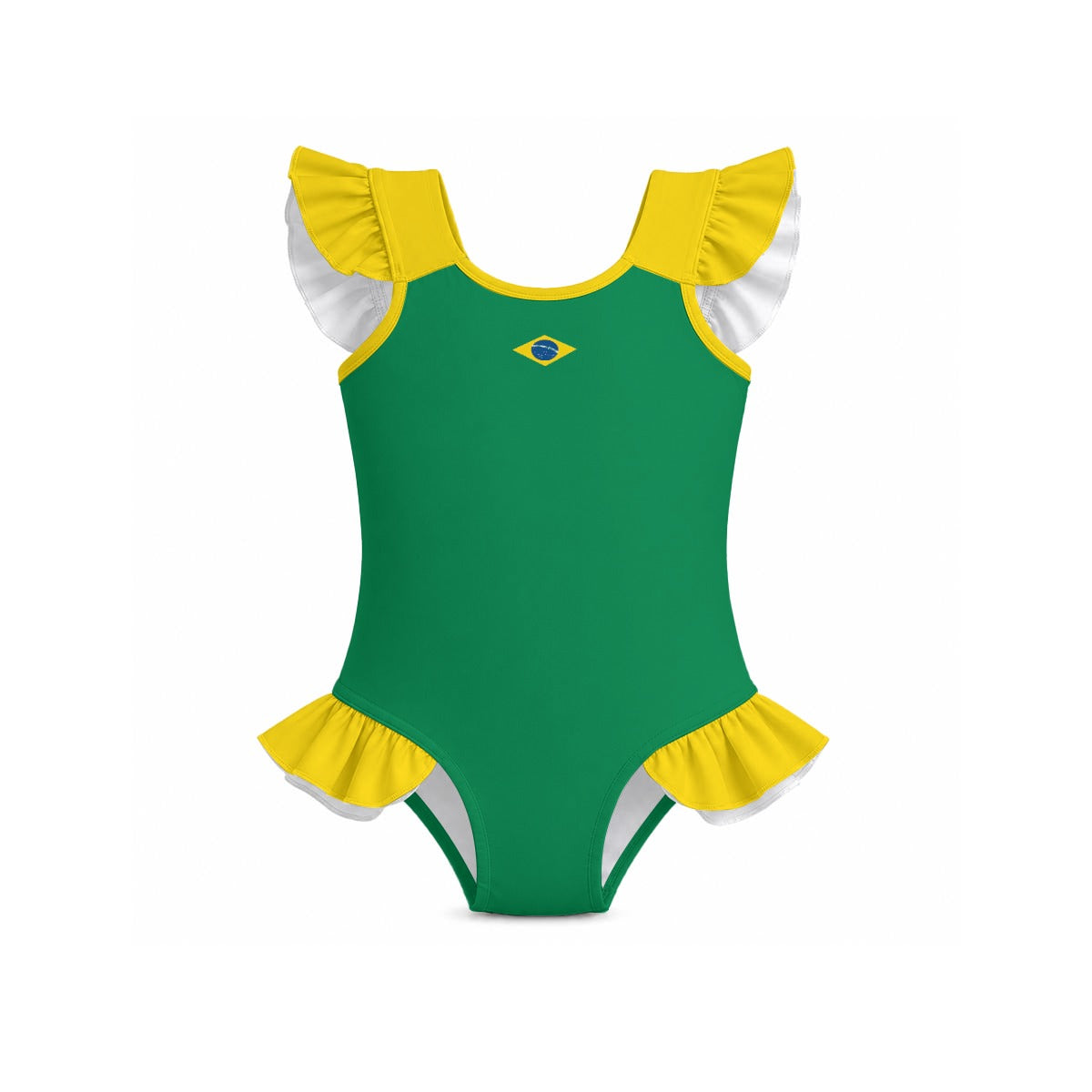 Brazil Flag Inspired Ruffle Sleeve One-Piece Girls Swimsuit Style-2
