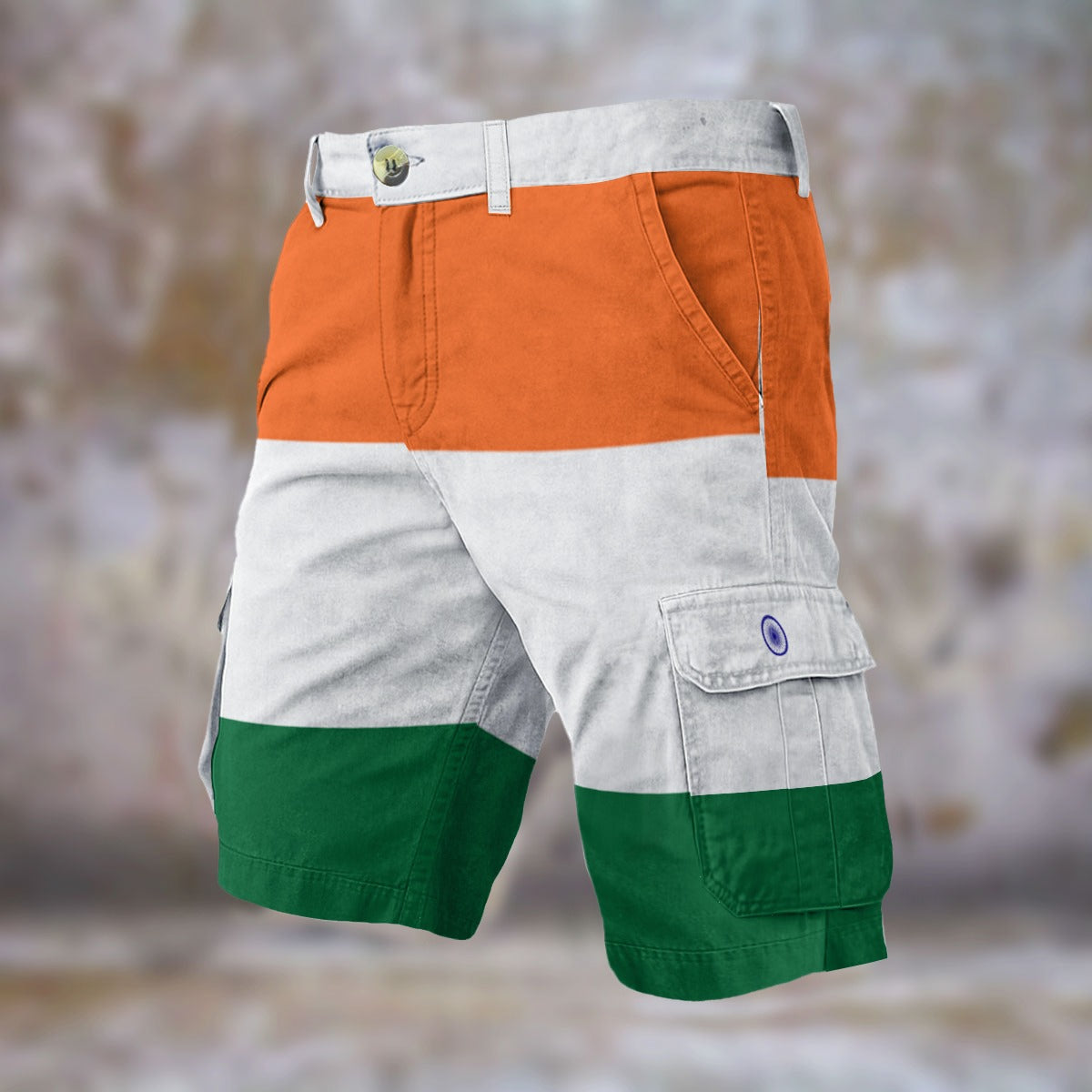 [Brand] cargo shorts with orange, white, and green stripes.