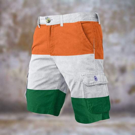 [Brand] cargo shorts with orange, white, and green stripes.