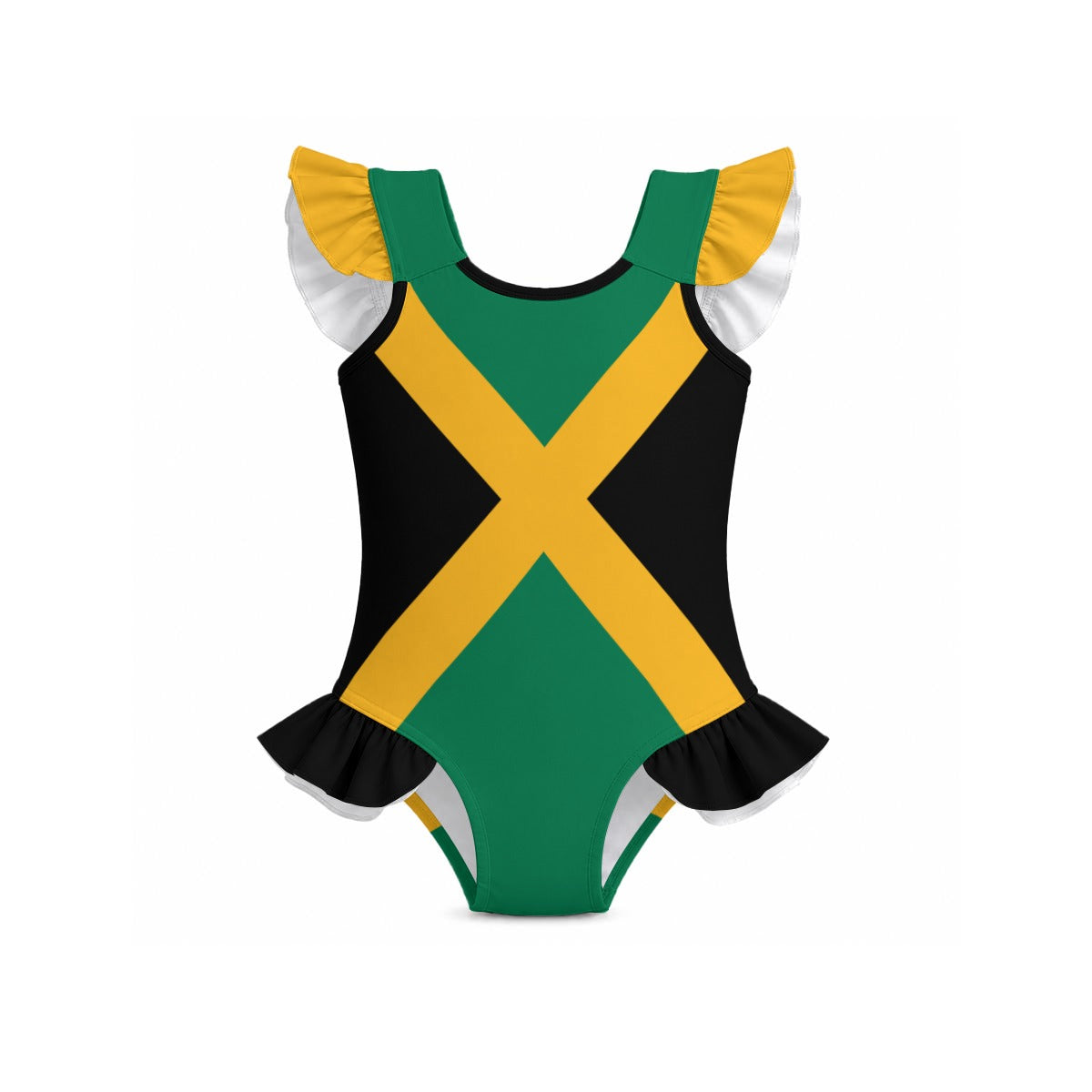 Jamaica Flag Inspired Ruffle Sleeve One-Piece Girls Swimsuit