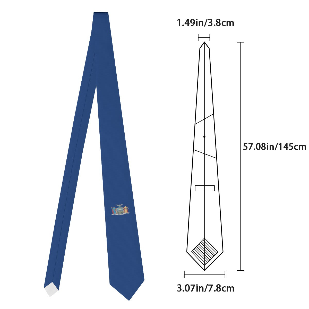 Blue [Brand] tie with emblem, dimensions illustrated beside it.