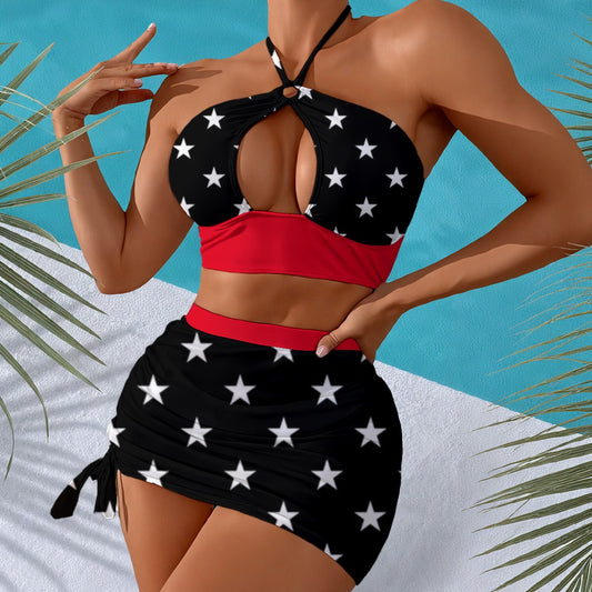 Star-patterned bikini by Luv My Flag, beach background, modeling pose.