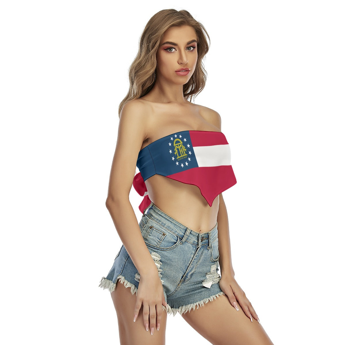 Woman in denim shorts, Georgia flag top, [Brand] fashion.