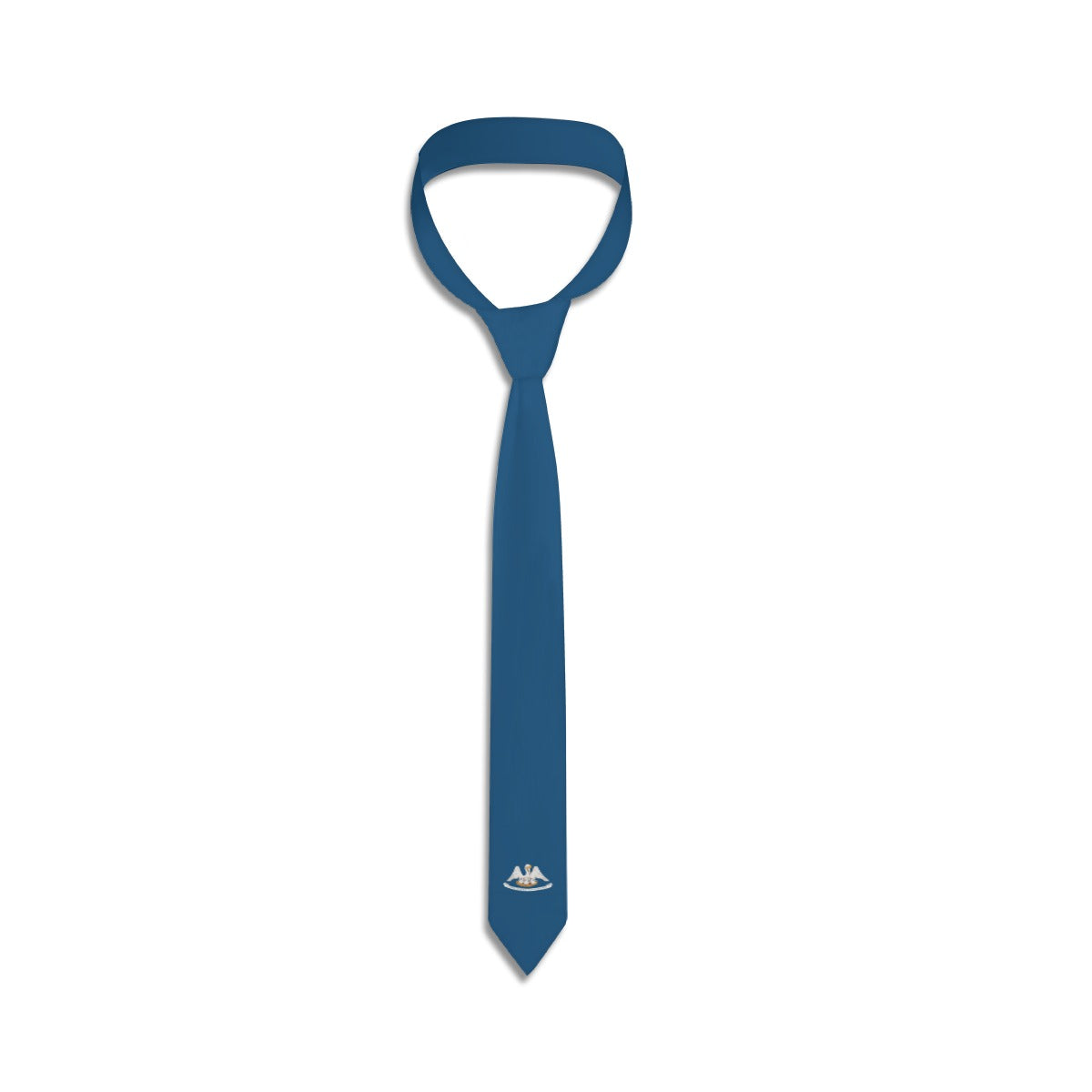 Blue [Brand] tie with a small, subtle embroidered logo.