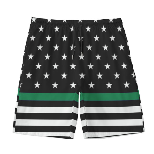 Black and white stars and stripes shorts, green stripe, Luv My Flag.