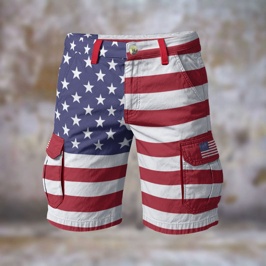 American flag-themed shorts from [Brand] with cargo pockets.