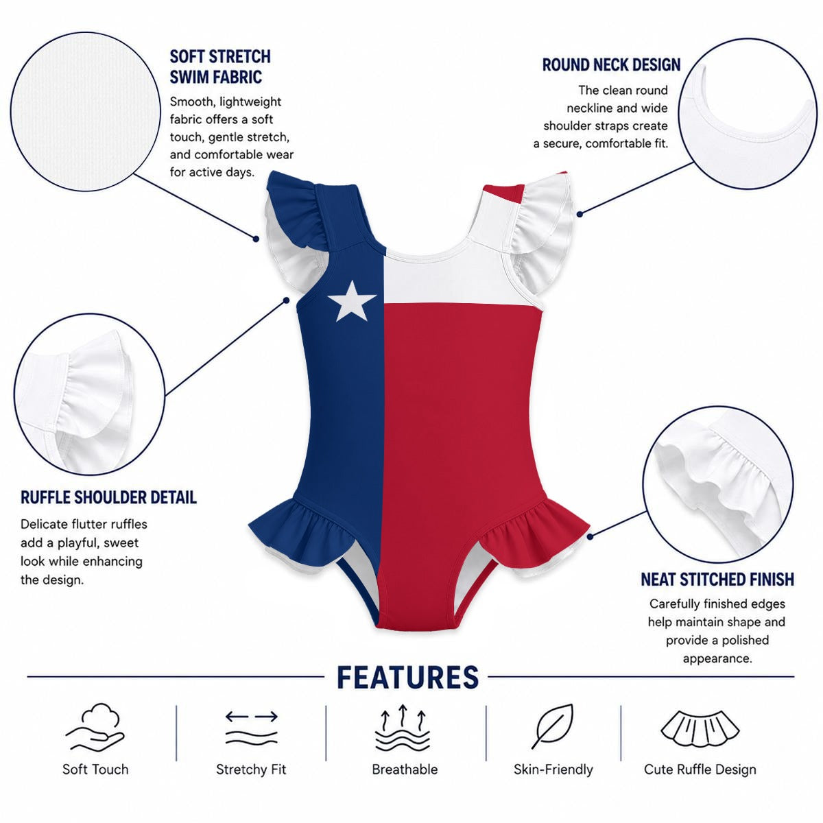 Texas Flag Inspired Ruffle Sleeve One-Piece Girls Swimsuit