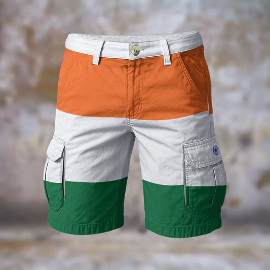 Colorful [Brand] shorts with orange, white, and green stripes.