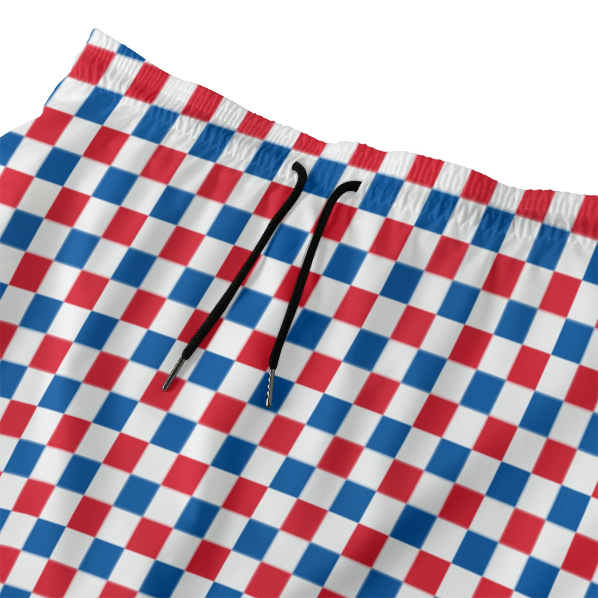 Red, blue, white checkered shorts with black drawstring. Luv My Flag.