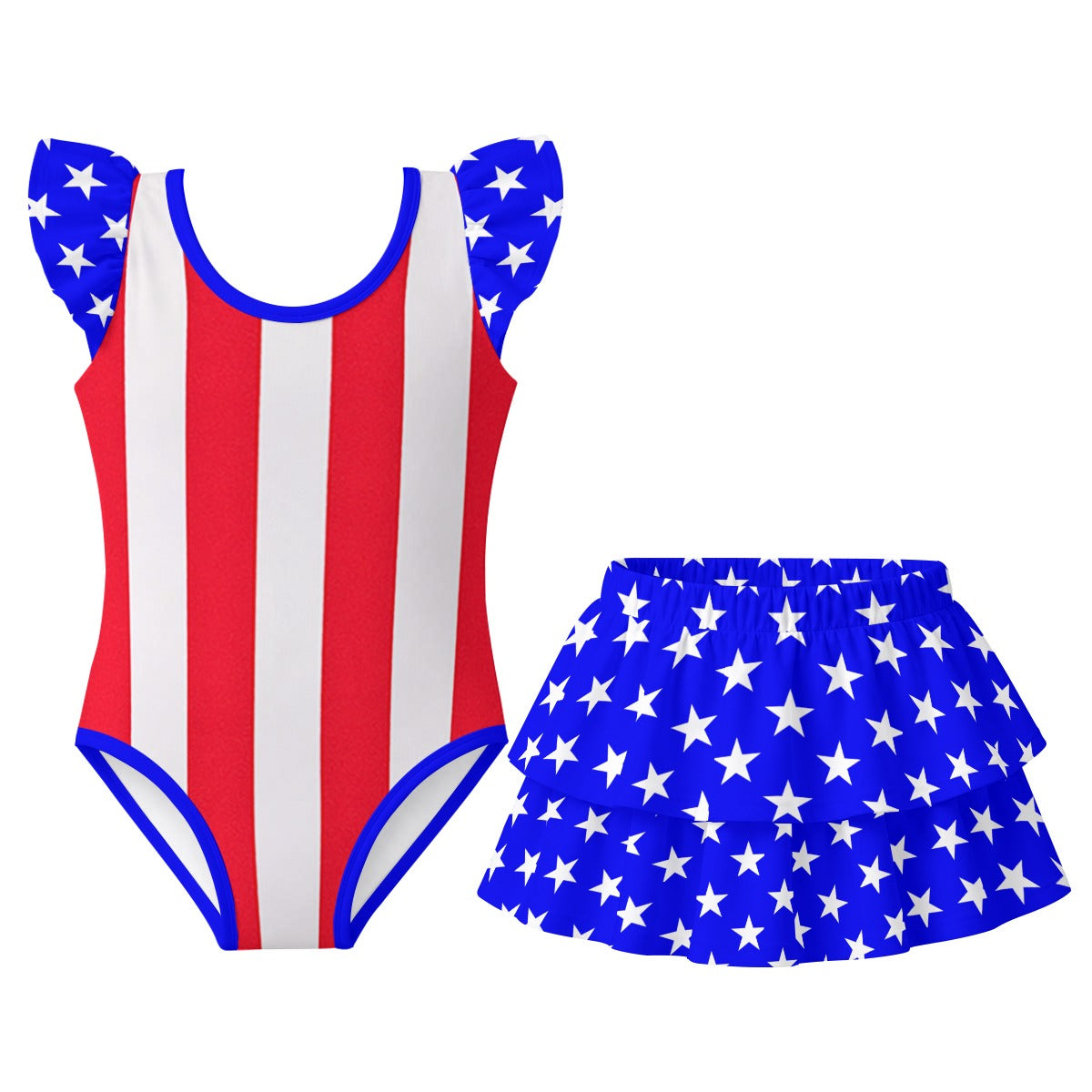 USA/America Flag Inspired Ruffle Layered Girls Swim Set Style-2