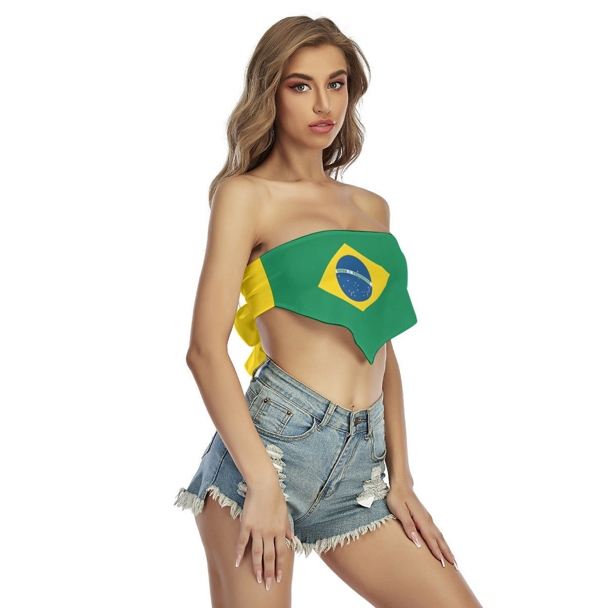 [Brand] woman in Brazilian flag top and denim shorts.