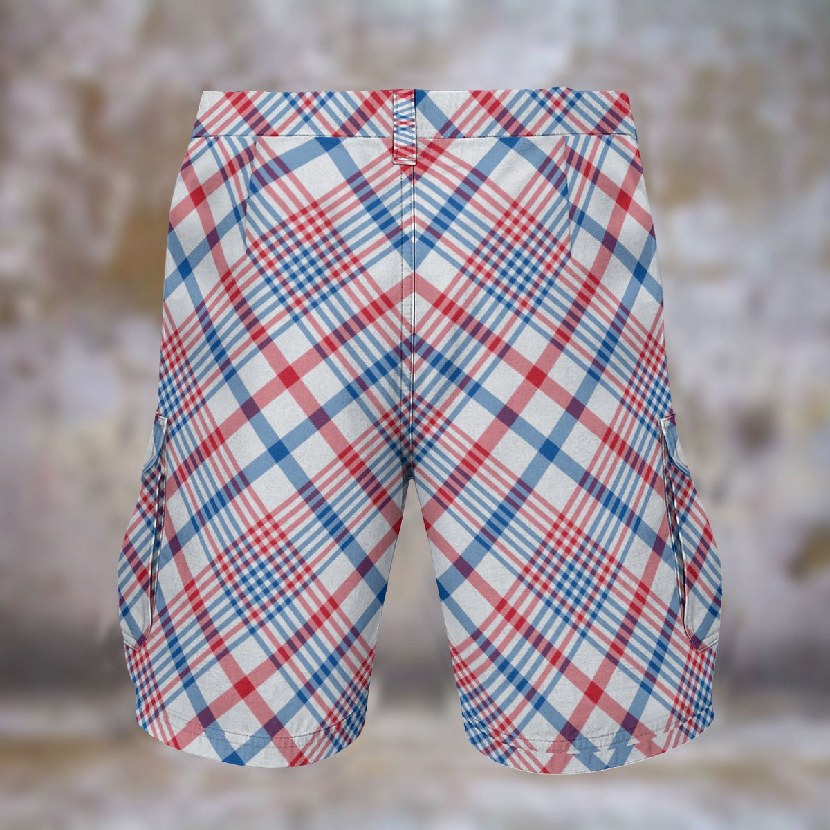 [Brand] plaid shorts featuring red, white, and blue pattern.