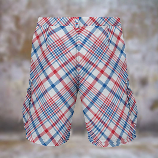 [Brand] plaid shorts featuring red, white, and blue pattern.