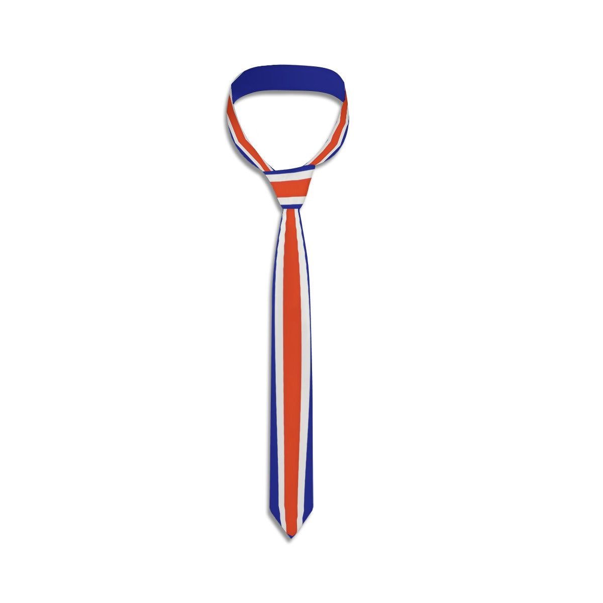 [Brand] tie with bold red, blue, and white stripes.