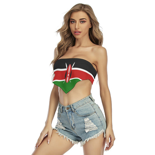 Woman wearing tube top with Kenya flag design, [Brand].