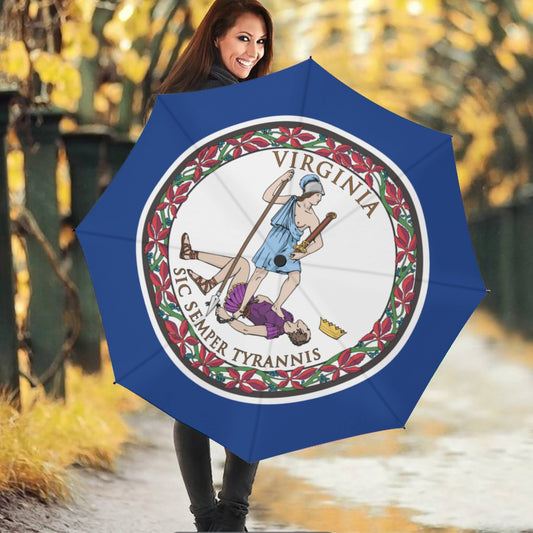 "Smiling woman holds [Brand] umbrella with Virginia state seal."