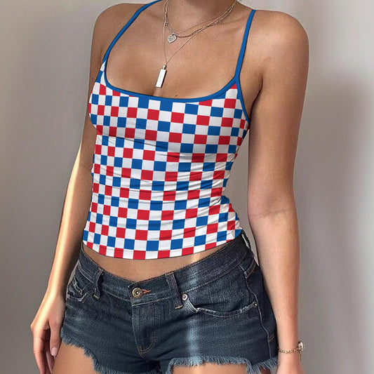 USA/American Flag Inspired Checkered Pattern Women's Spaghetti Strap Tank Top
