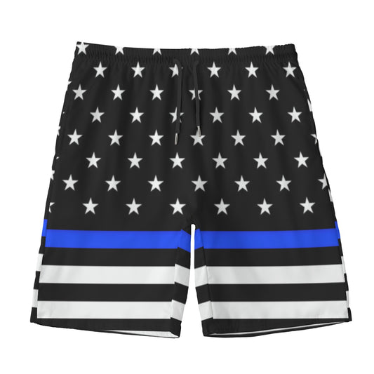 Luv My Flag shorts with stars, stripes, blue line.