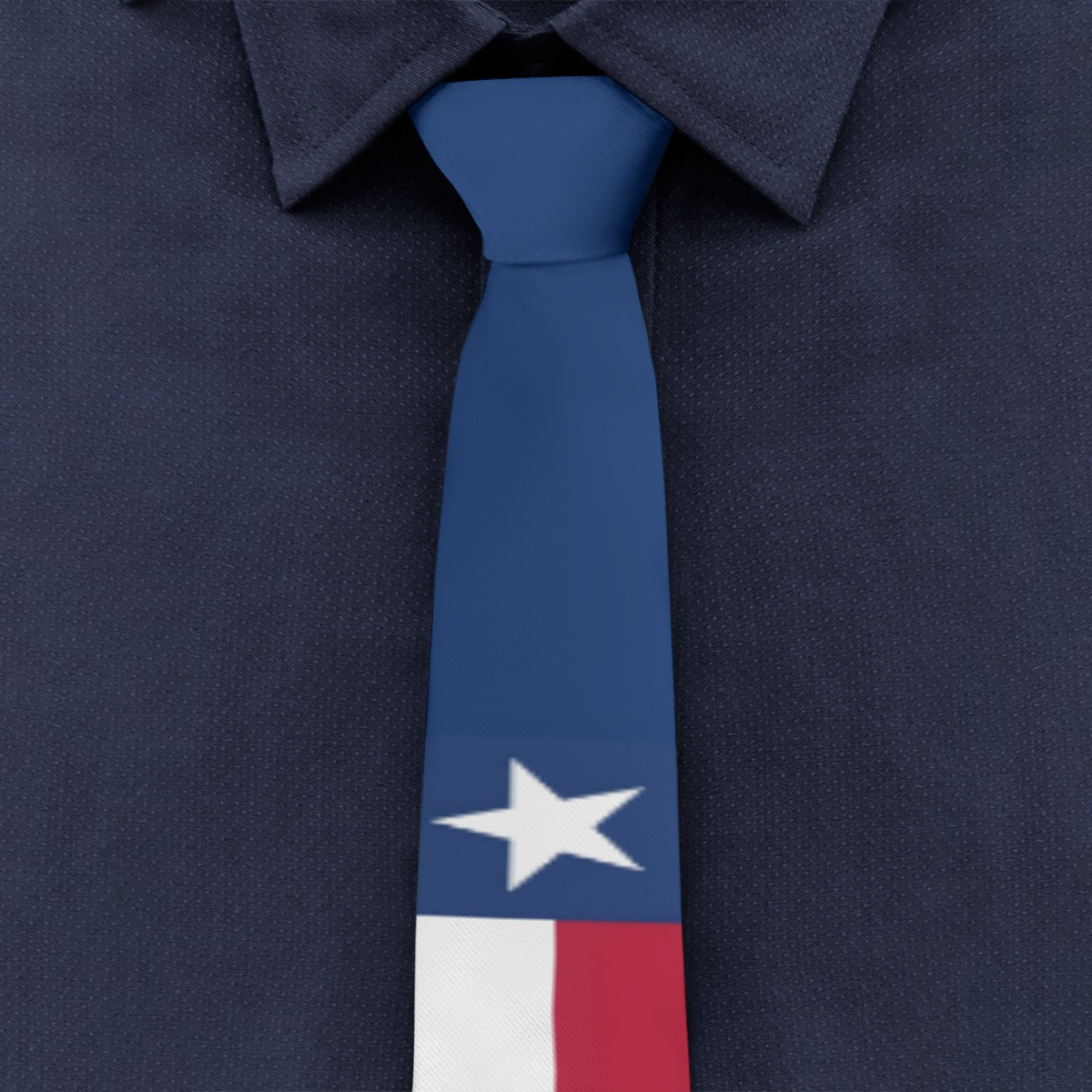 Blue shirt with [Brand] Texas flag necktie, star featured.