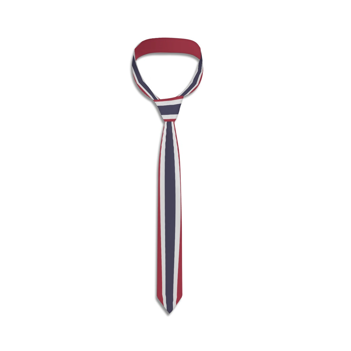 [Brand] striped tie, red, white, blue, on white background.