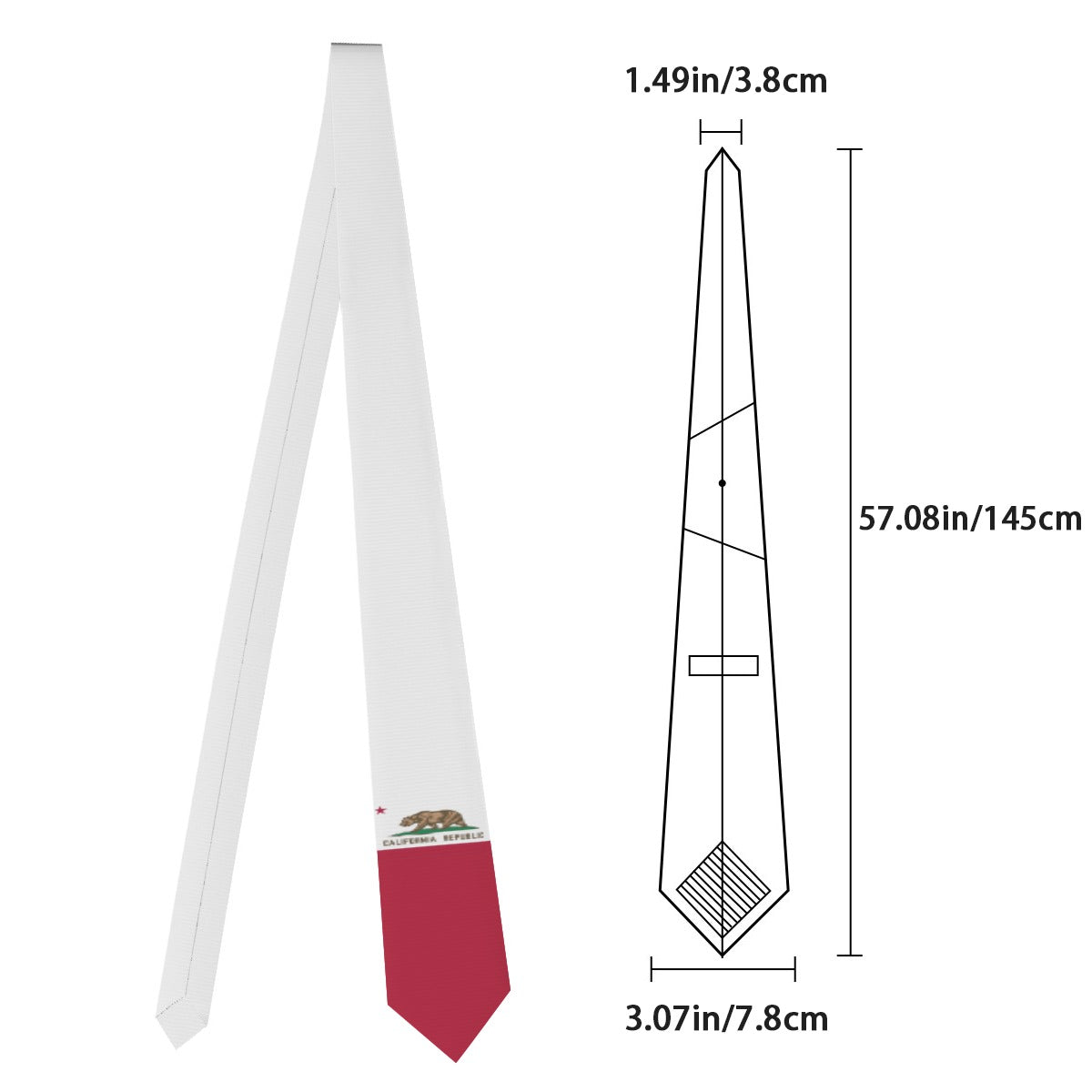White and red California-themed tie by [Brand], with dimensions.
