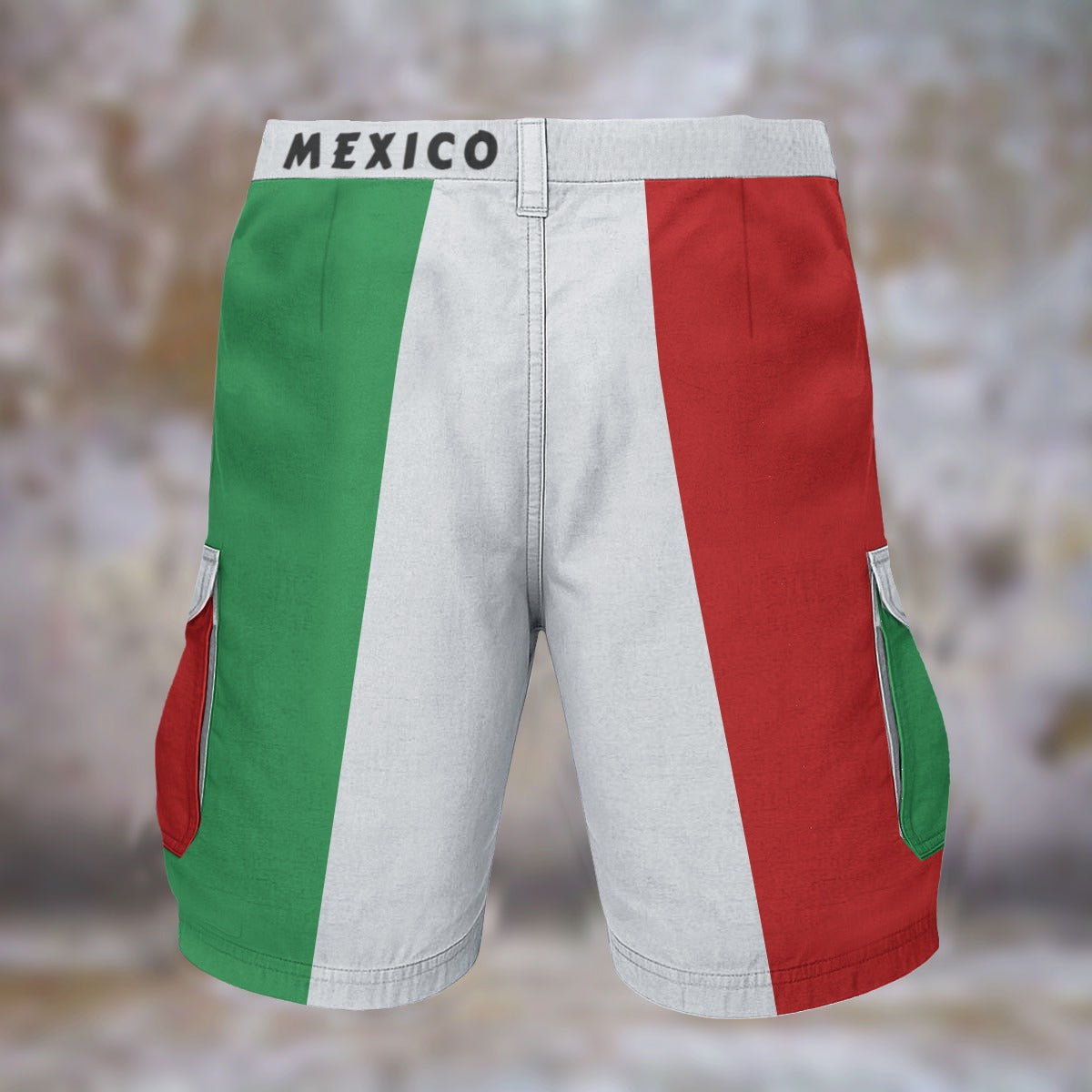 Green, white, red shorts with [Brand] logo, cargo pockets.