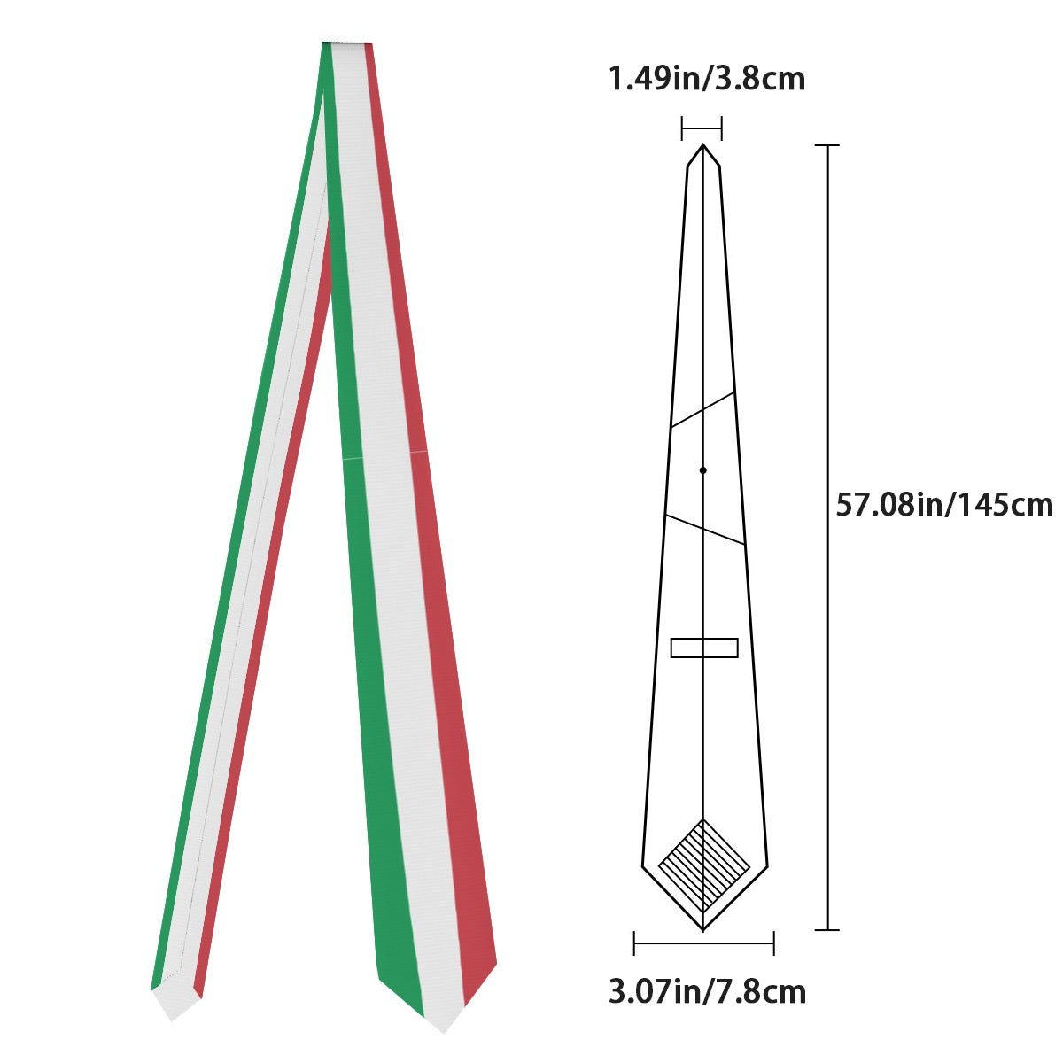 [Brand] striped tie with dimensions, featuring Italian flag colors.
