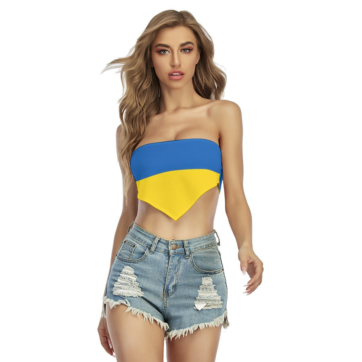 Stylish woman wearing [Brand] strapless top and denim shorts.