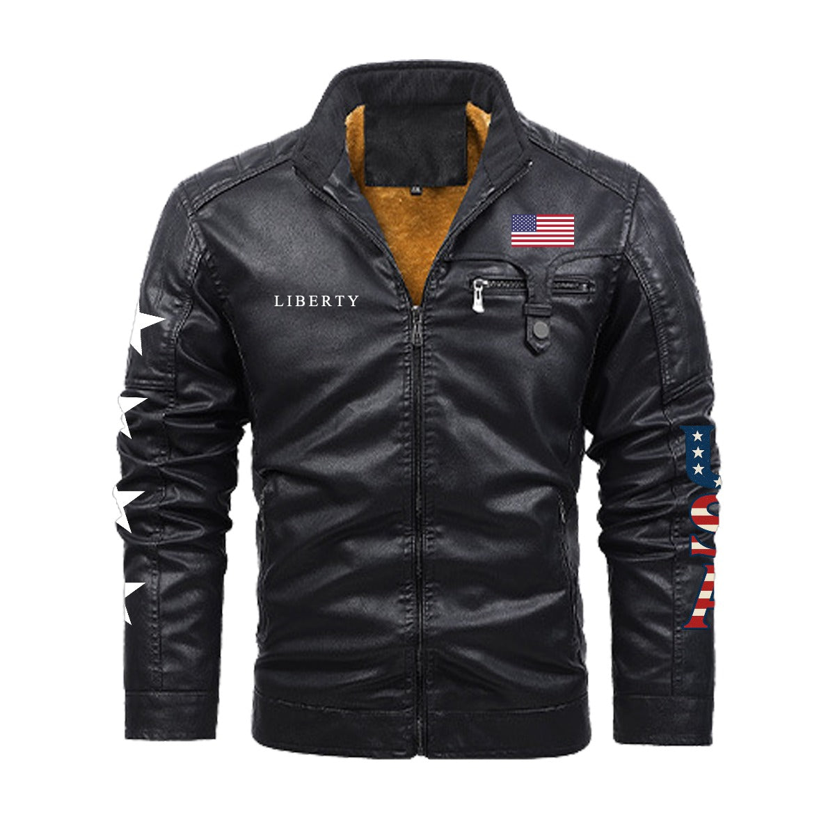 USA/American Flag Inspired Plush Fleece Decorative Zipper Faux Leather Jacket