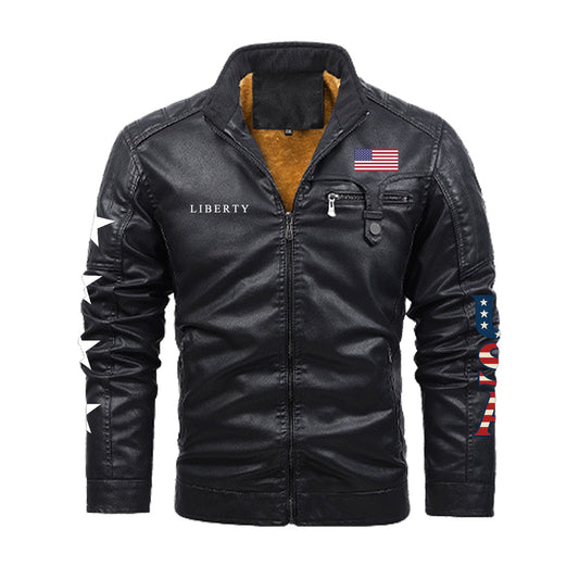 USA/American Flag Inspired Plush Fleece Decorative Zipper Faux Leather Jacket