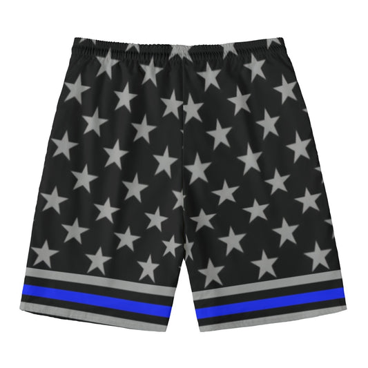Black star-patterned shorts with blue stripe, Luv My Flag.