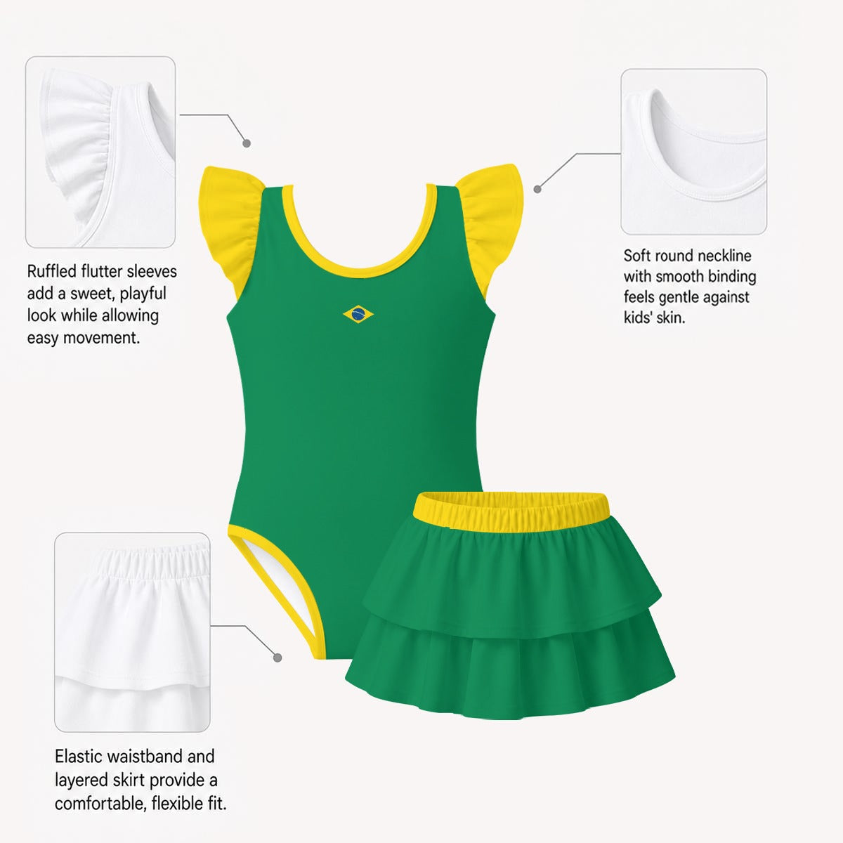 Brazil Flag Inspired Ruffle Layered Girls Swim Set Style-2