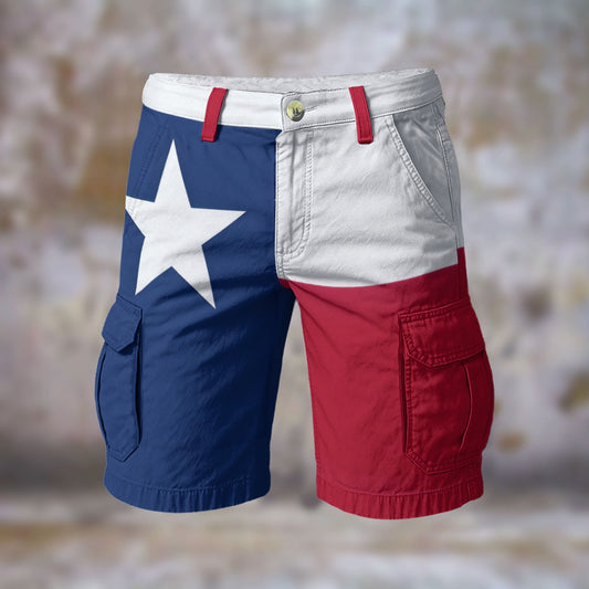 [Brand] shorts with Texas flag colors and star design.
