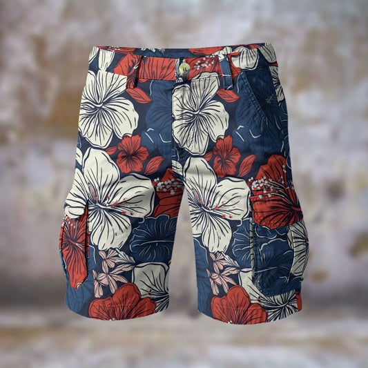 USA/American Flag Colors Hawaiian Floral Pattern Mens Cargo Shorts