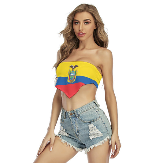 Young woman wears [Brand] Ecuador flag top, denim shorts.