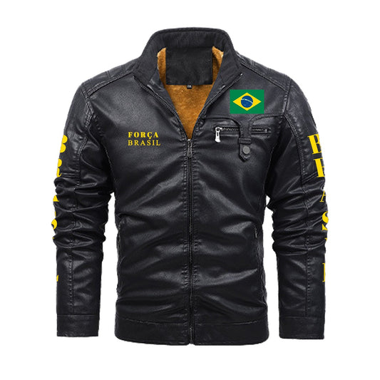 Brazil Flag Inspired Plush Fleece Decorative Zipper Faux Leather Jacket