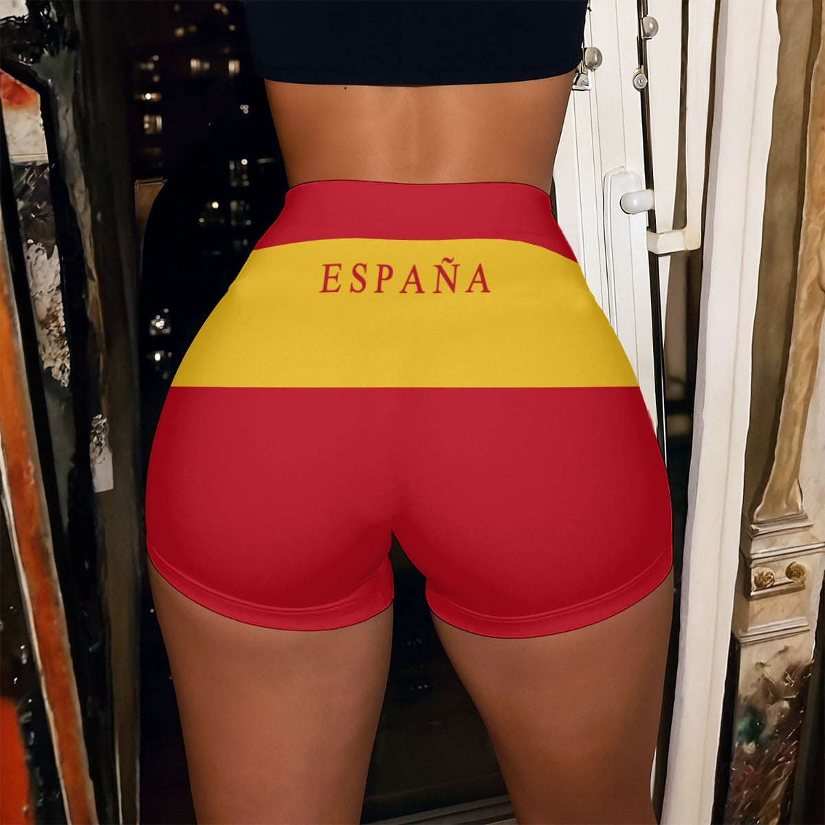 Spain Flag High Waist Fitness Booty Shorts