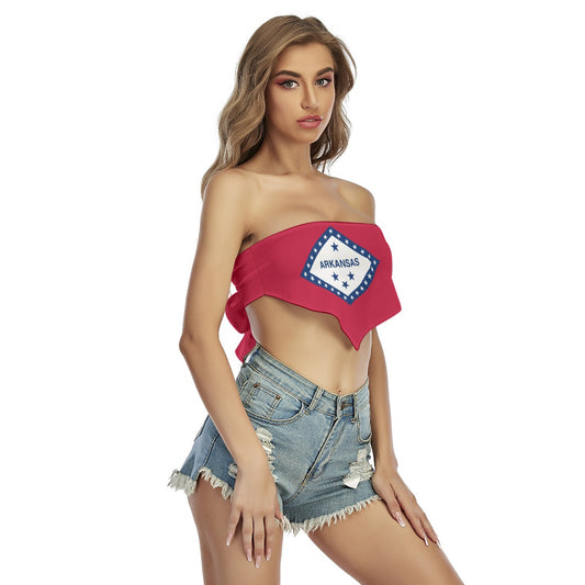 Woman in Arkansas-themed top and denim shorts, [Brand].