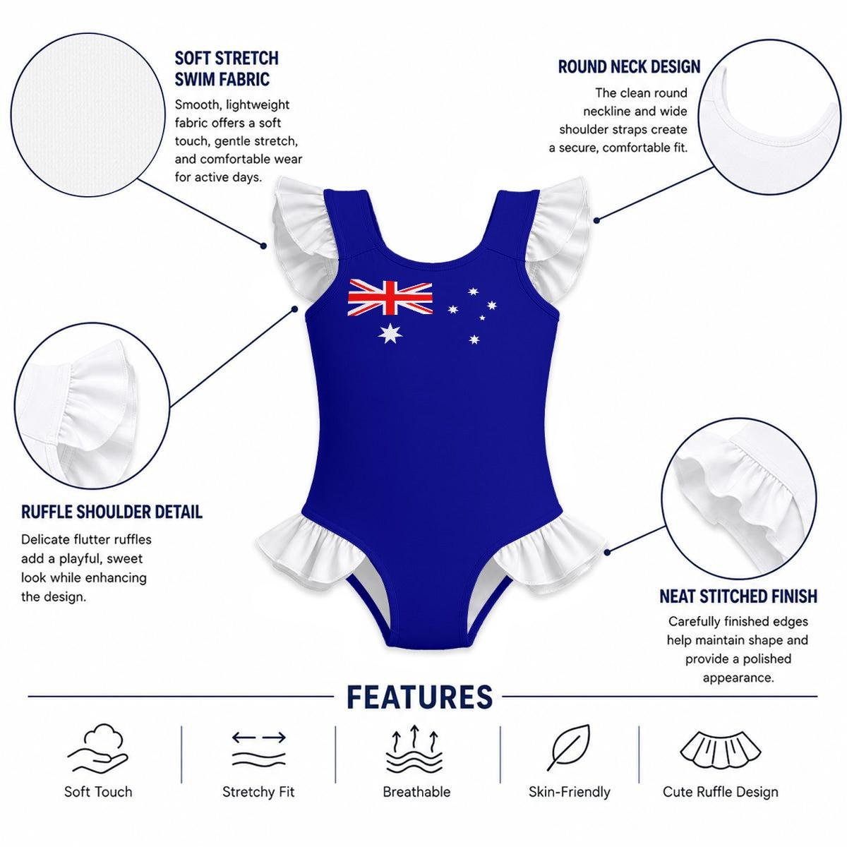 Australia Flag Inspired Ruffle Sleeve One-Piece Girls Swimsuit