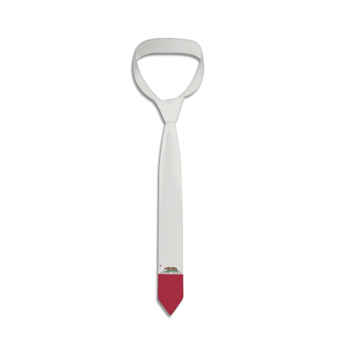 [Brand] white necktie with red and bear design detail.