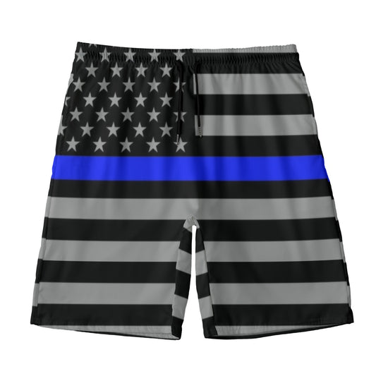 Luv My Flag shorts featuring black, gray stripes, blue line.